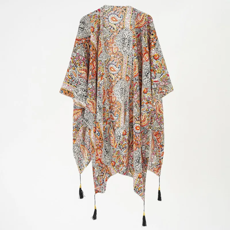 

Summer Vintage Women Boho Cover Ups Oversize Bohemian Rayon Chiffon Kimono Sashes Hippie Blusas Boho Chic Ethnic Tops
