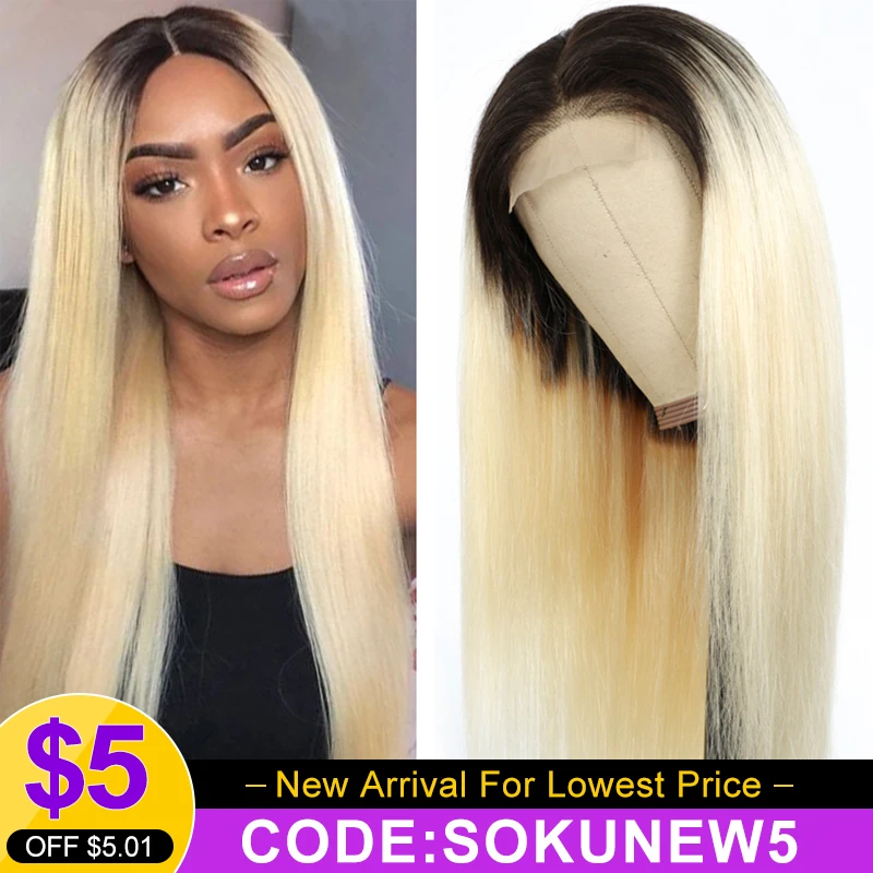 T1B/613 Ombre Blonde Lace Front Human Hair Wigs For Women Brazilian Remy Straight Pre Plucked 13x4 Lace Wig 150% Density SOKU