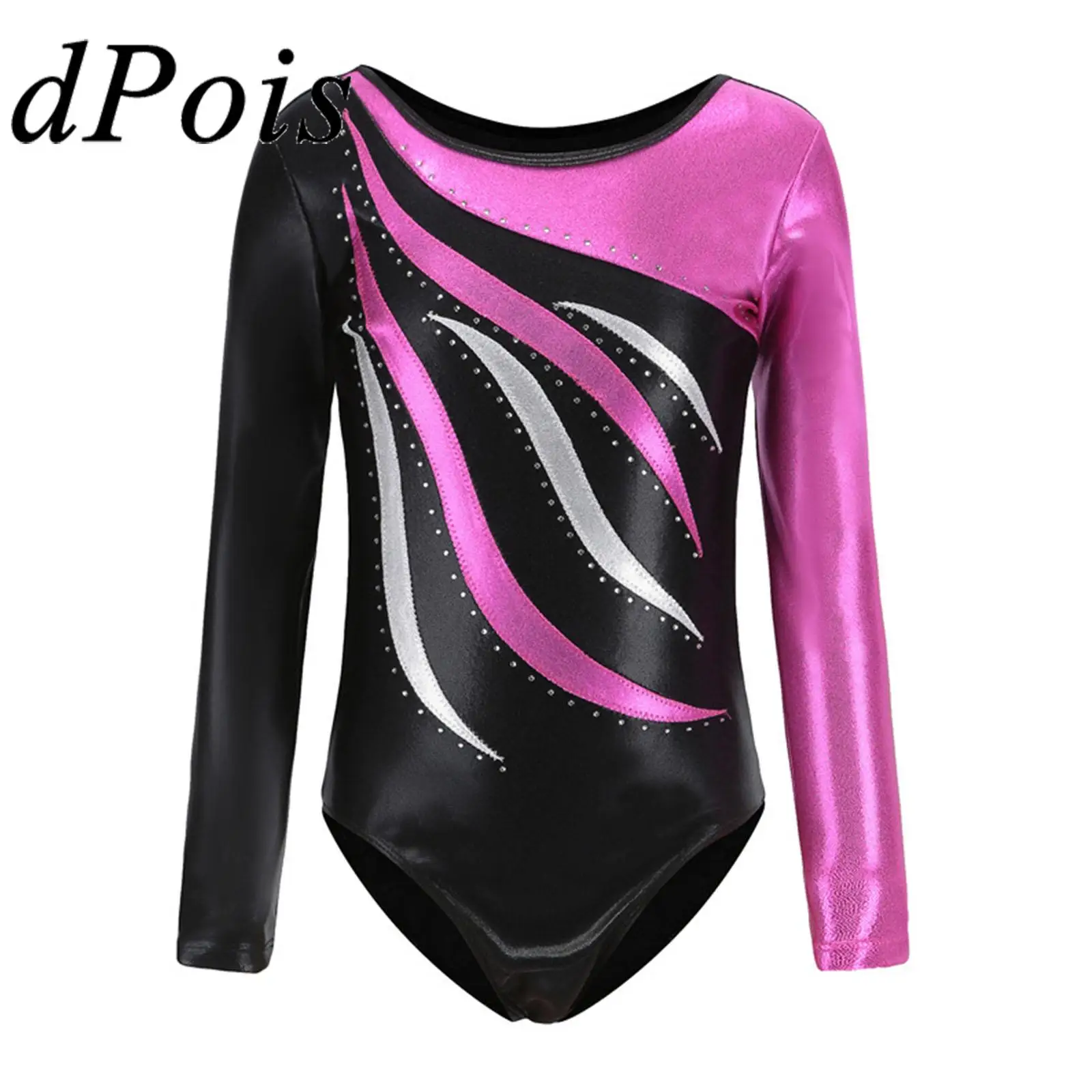 

Kids Girls Gymnastics Leotard Long Sleeve Metallic Patchwork Figure Ice Skating Jumpsuit Child Ballet Dance Bodysuit Dancewear
