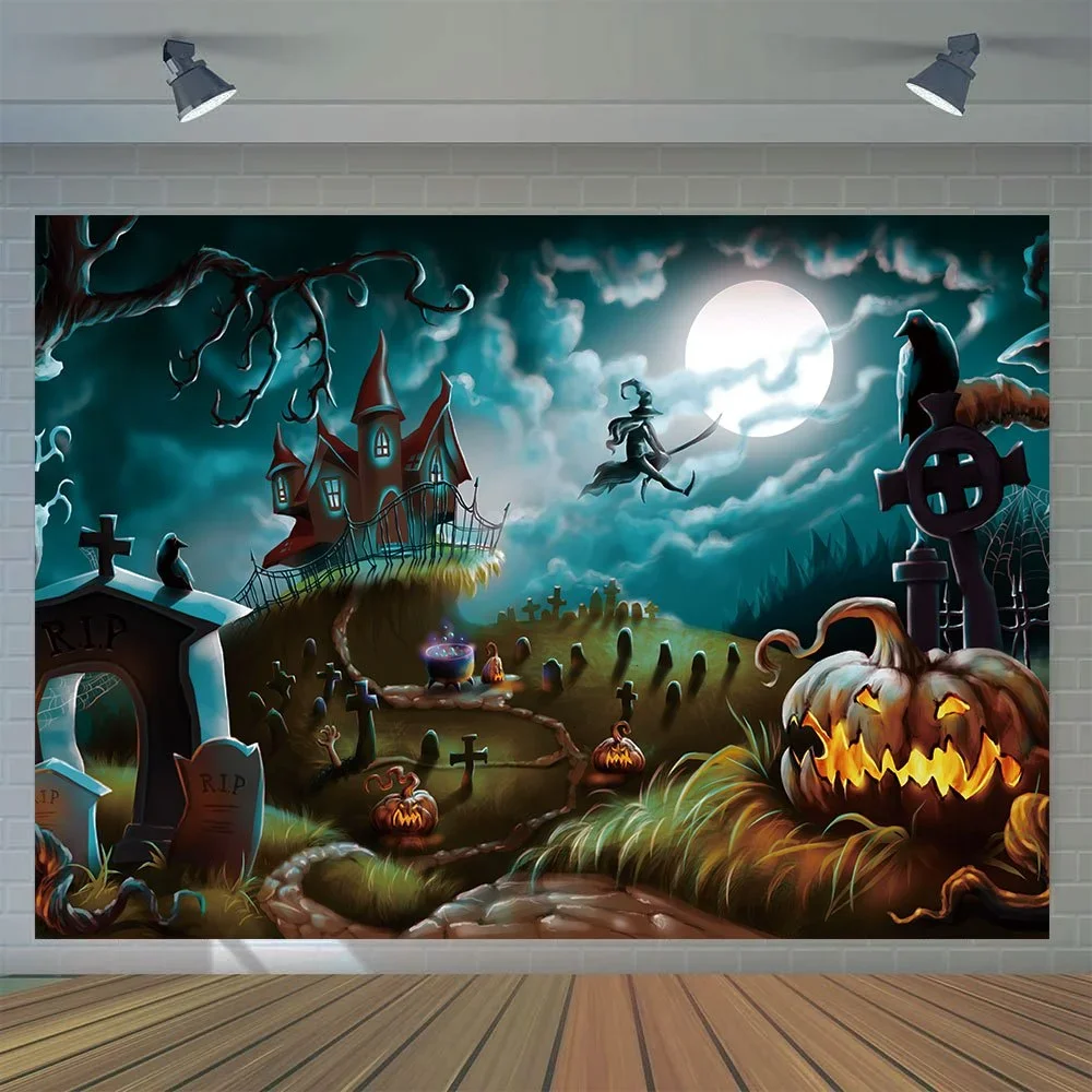 Фон для фотосъемки на Хэллоуин вельветовый узор с темным кладбищем каменной