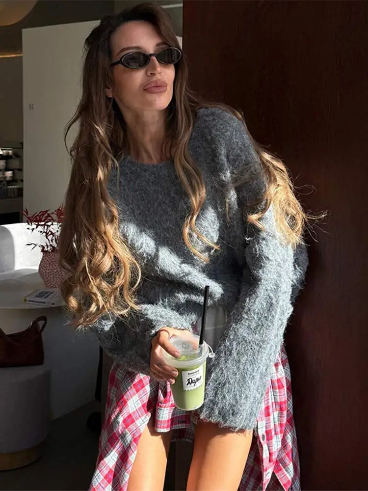 Элегантный темно-серый кашемировый свободный свитер из мохера женский африонный