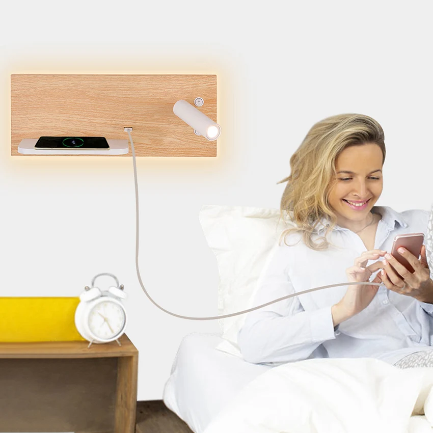 Дешево Светодиодный настенный светильник для чтения SANDYHA, многофункциональная лампа для интерьера, с беспроводной зарядкой через USB, для телефона, ...