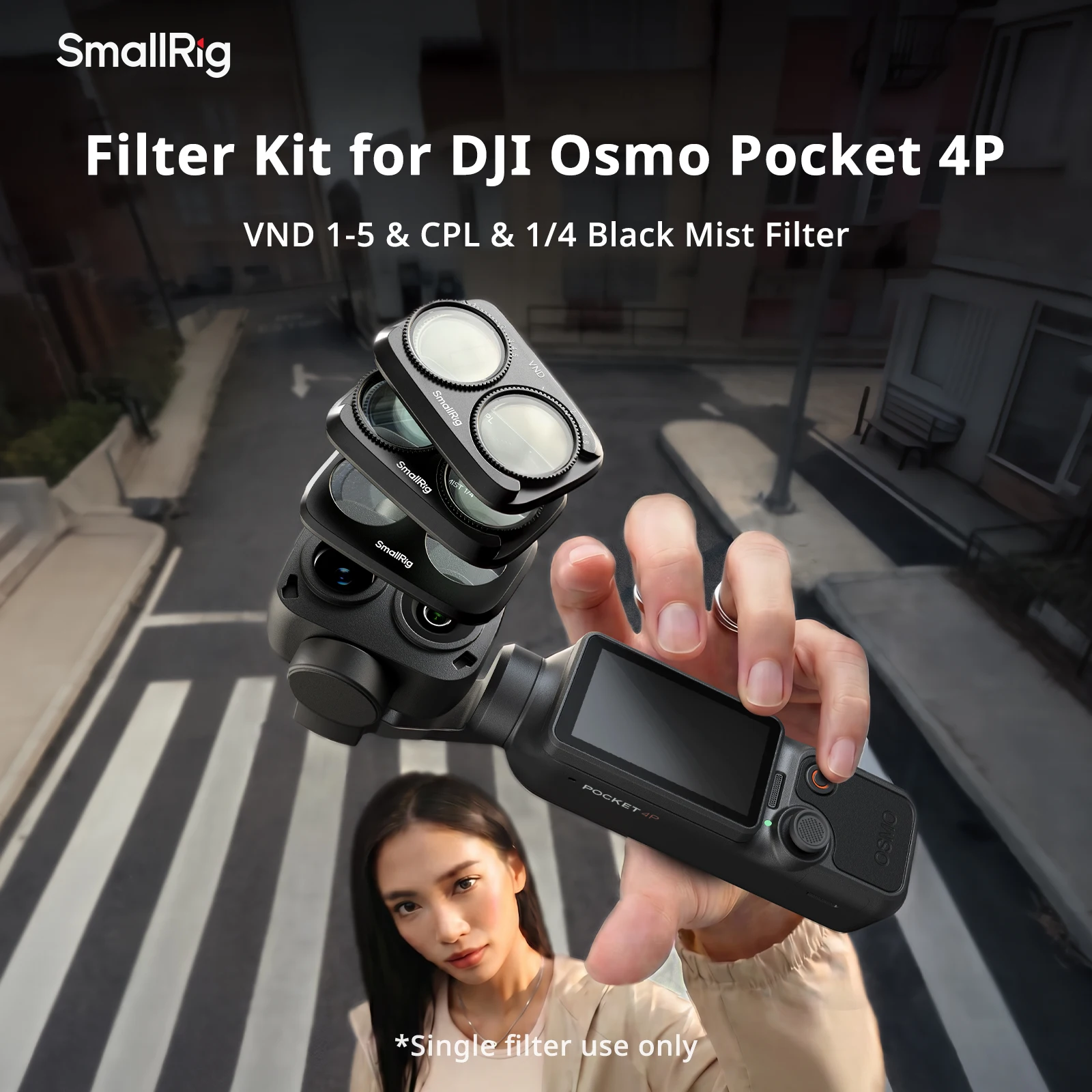 Фото Комплект фильтров SmallRig для DJI Osmo Pocket 4P с CPL-фильтром 1/4, черным диффузионным фильтром / VND1-5, многослойное стеклянное покрытие -6649 №2