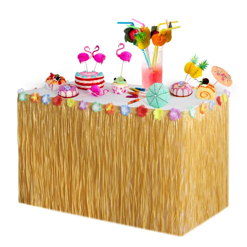 Straw Color Grass Table Skirt Straw Hawaiian Theme Sandy Beach Party Supplies for Tropical Hawaii Party Decorations