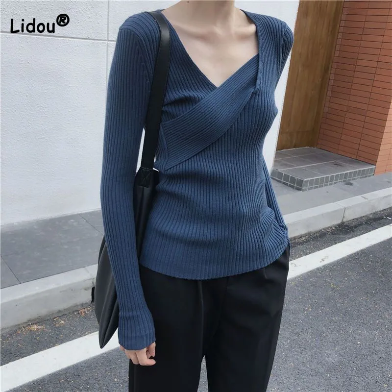 

Trend Simplicity Criss Cross V-Neck Knitted Tops Autumn Winter All-match Temperament Solid Color Slim Sweaters Women's Clothing