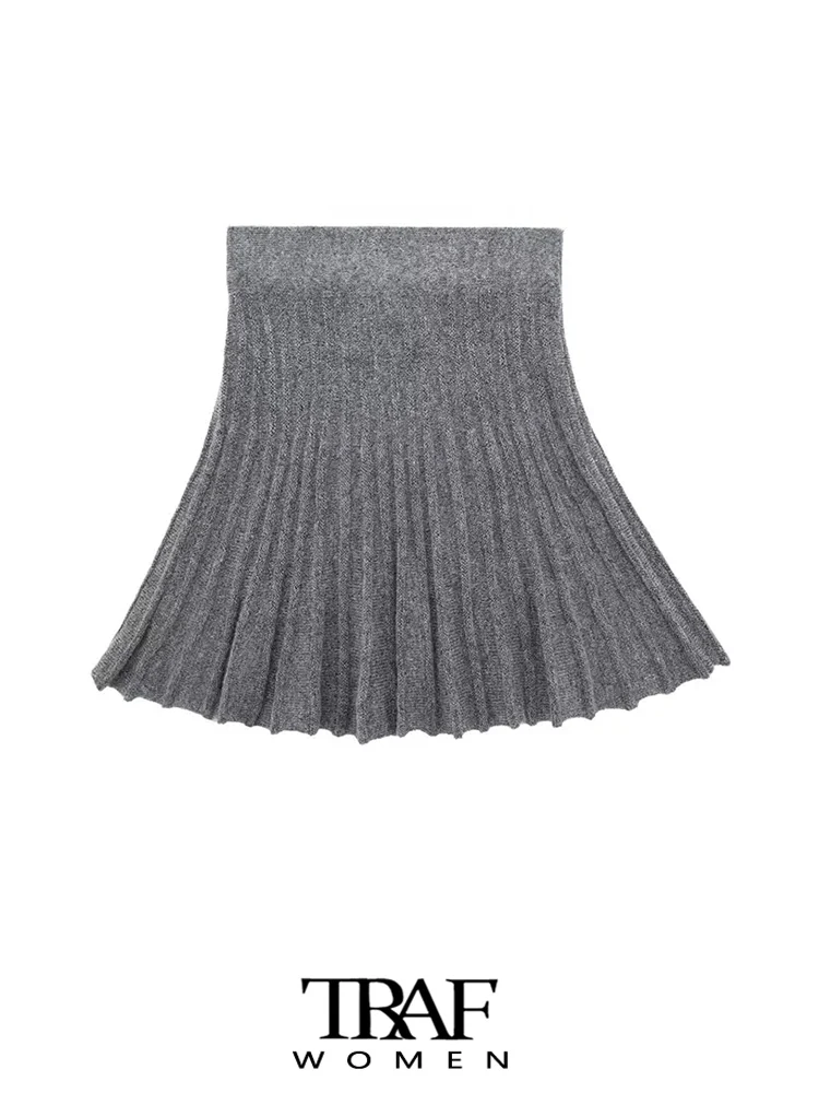 

TRAF-Women's Pleated Knit Mini Skirt, High Waist, Elastic Waistband, Female Skirts, Fashion
