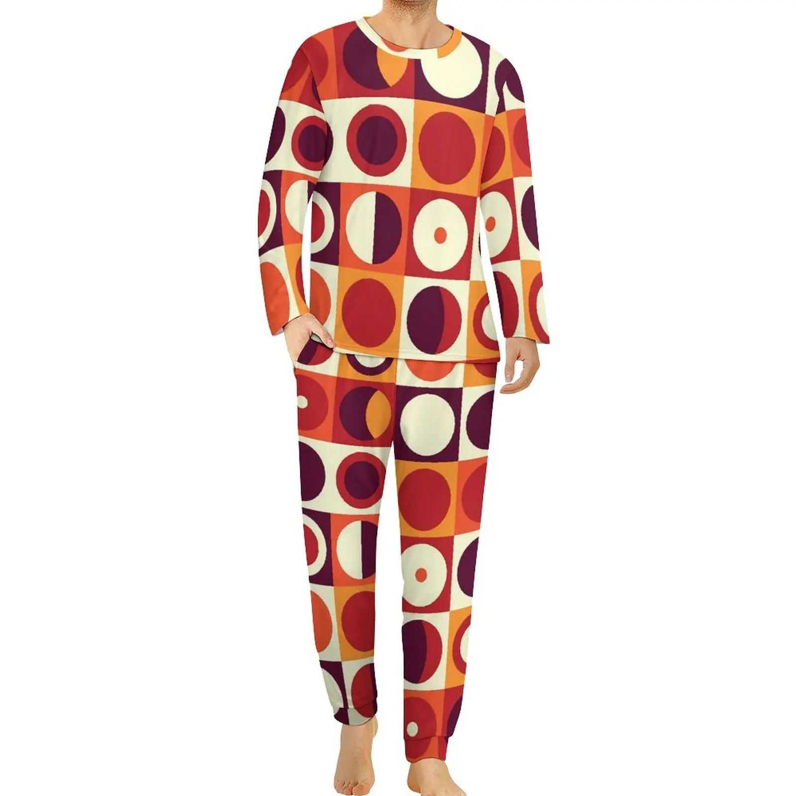 

Retro Mod Pajamas Daily Orangy 70s Print Aesthetic Sleepwear Male 2 Pieces Graphic Long Sleeves Cute Oversize Pajamas Set