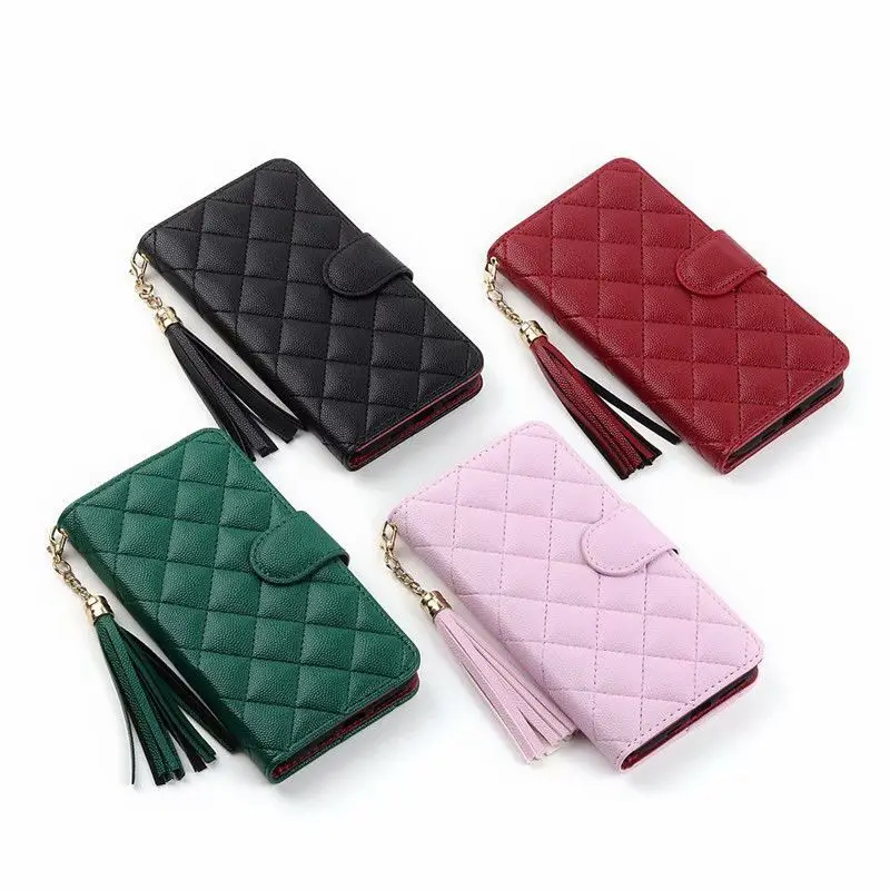 

Luxury Caviar Leather Card Wallet Purse Filp Phone Case for iPhone 13 12 Mini 11 Pro XS Max 7 8 XR Book Cover Dangler Bag