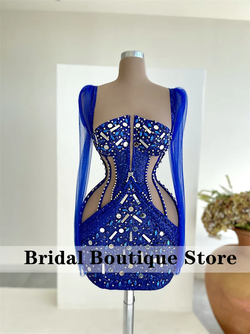 

Sparkle Sequins Royal Blue Short Prom Dresses 2022 Illusion Lace Beads Crystal Birthday Party Gown Cocktail Dress Robe De Bal