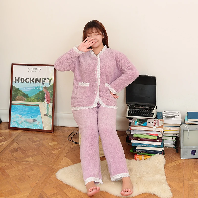 

Женский зимний теплый пижамный комплект с длинным рукавом и V-образным вырезом