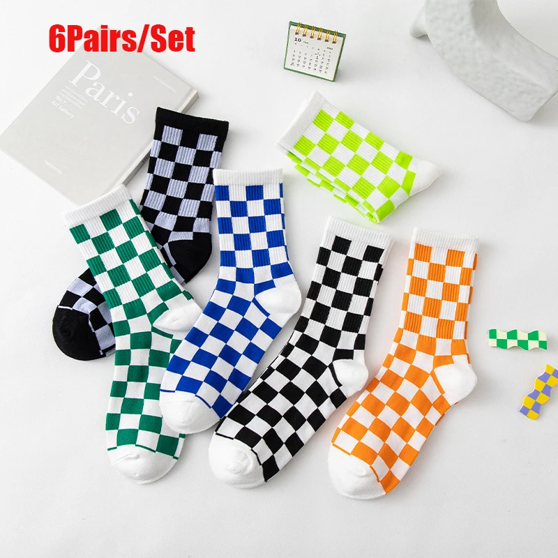 

6Pairs/set Korea Harajuku Trend Women Checkerboard Socks Novelty Geometric Checkered Socks Men Hip Hop Cotton Unisex Streetwear