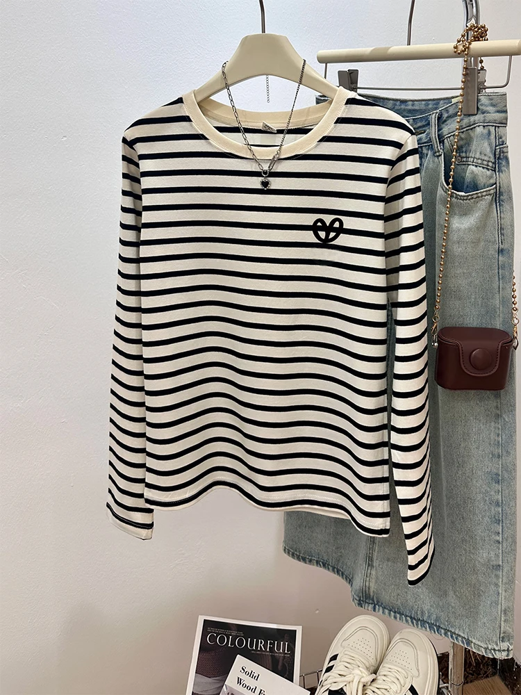 2024 Новая рубашка из чистого хлопка с круглым вырезом в полоску и длинными