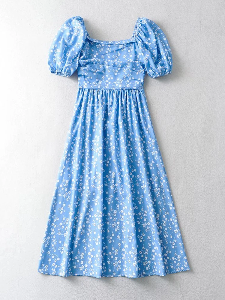 

YENKYE Summer Dress 2022 Women Floral Print Midi Chiffon Dress Vintage Puff Sleeve Square Neck A-line Vestido Holiday Sundress