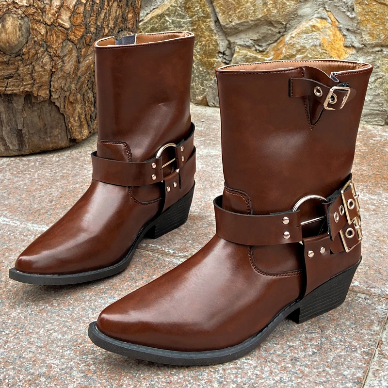 

2023 Winter Women's Mid-Calf Boots Ladies Boots Fashion Shoes for Female Slip-on Square Heel Women's Shoes Hot Sale Belt Buckle