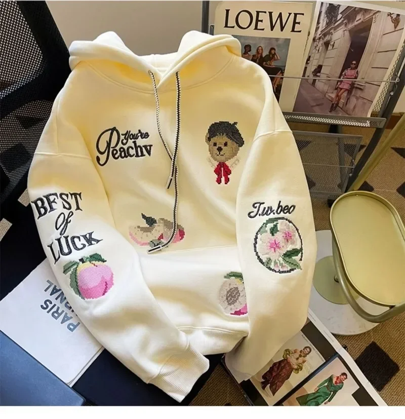 Свободные толстовки с абрикосовой персиковой вышивкой женские куртки уличная