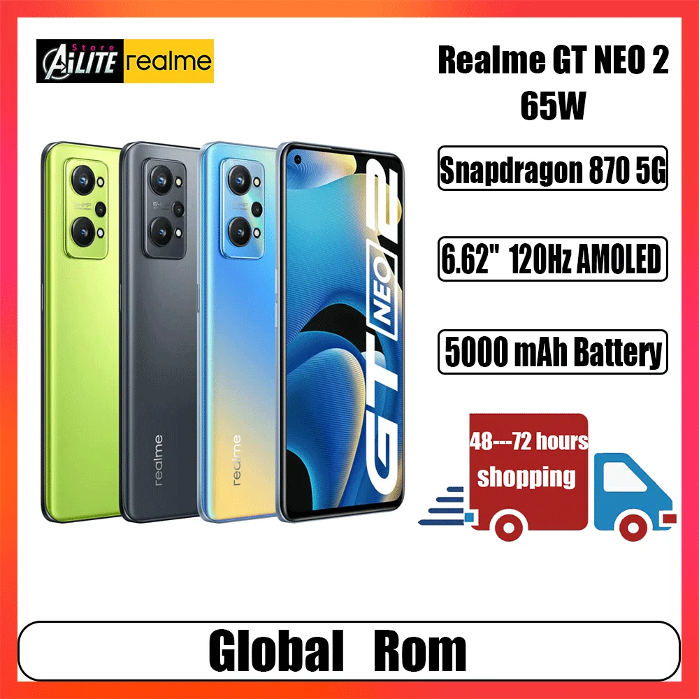 Global ROM Realme GT Neo 2 5G Mobile Phone Snapdragon 870 64MP 5000mAh 65W Fast Charge 6.62 AMOLED 120Hz DC Dimming NFC