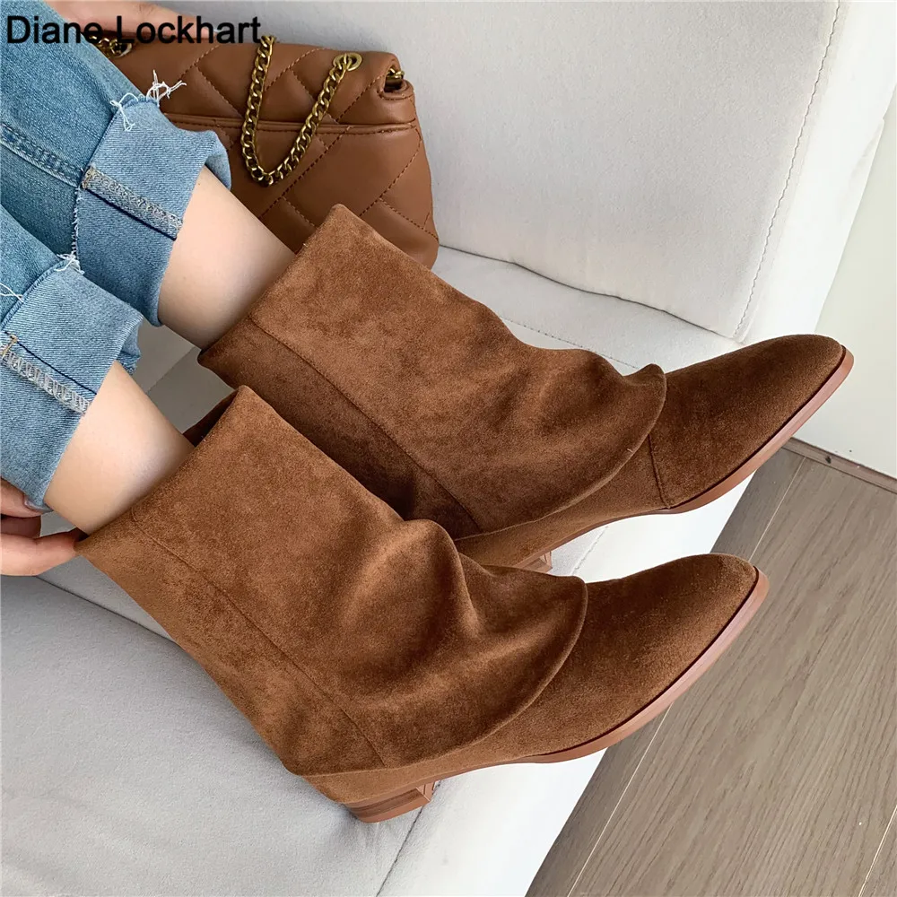 

Женские ботильоны без шнуровки, простые плиссированные джинсовые ботинки, Черные ботильоны с большой окружностью, размеры 34-39, для весны и о...