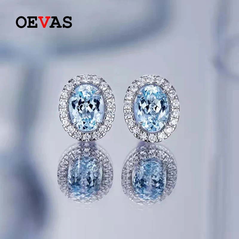 

OEVAS 100% 925 Sterling Silver 1.2 Carat Lab Grown Aquamarine Stud Earrings For Women Sparkling Wedding Party Fine Jewelry Gifts