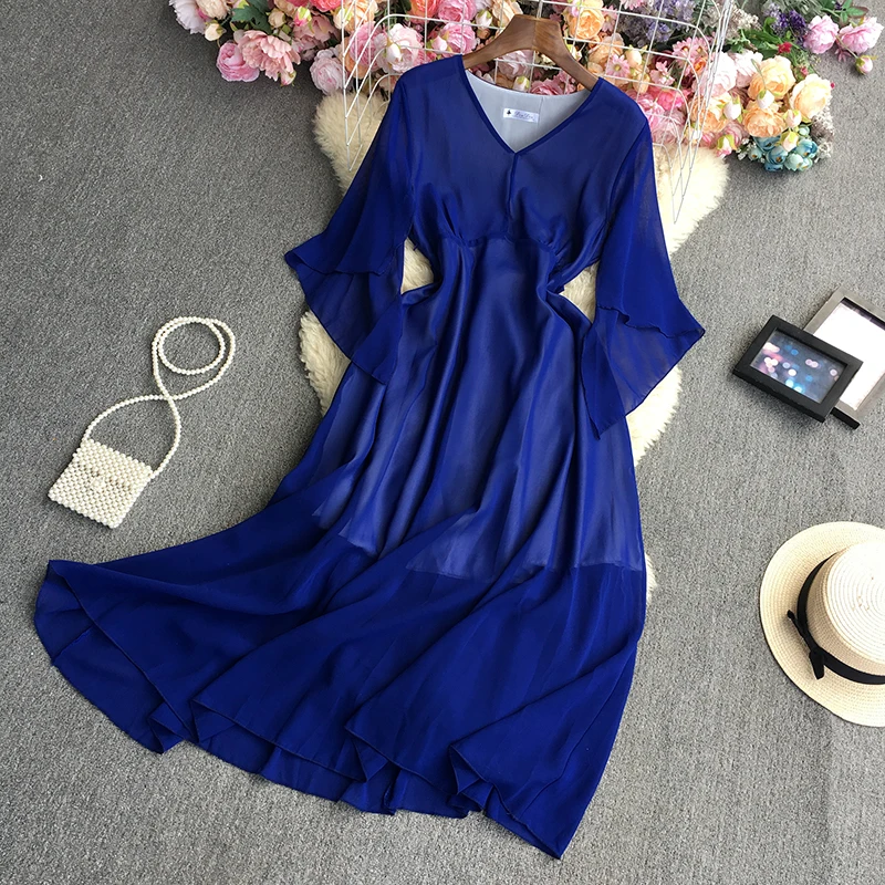 

Elegant Dress for Women 3/4 Flare Sleeve V-Neck Solid Vintage Vestido Feminino Female Party Midi Dress Chiffon Summer Fanshion