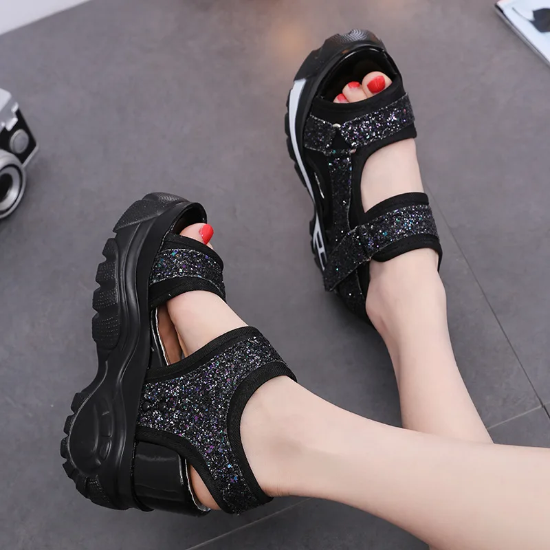 

Ladies Sandals Casual Shoes Solid Color PU Thicken Slope Heel Fish Mouth Shape button Non Slip Women Fashion