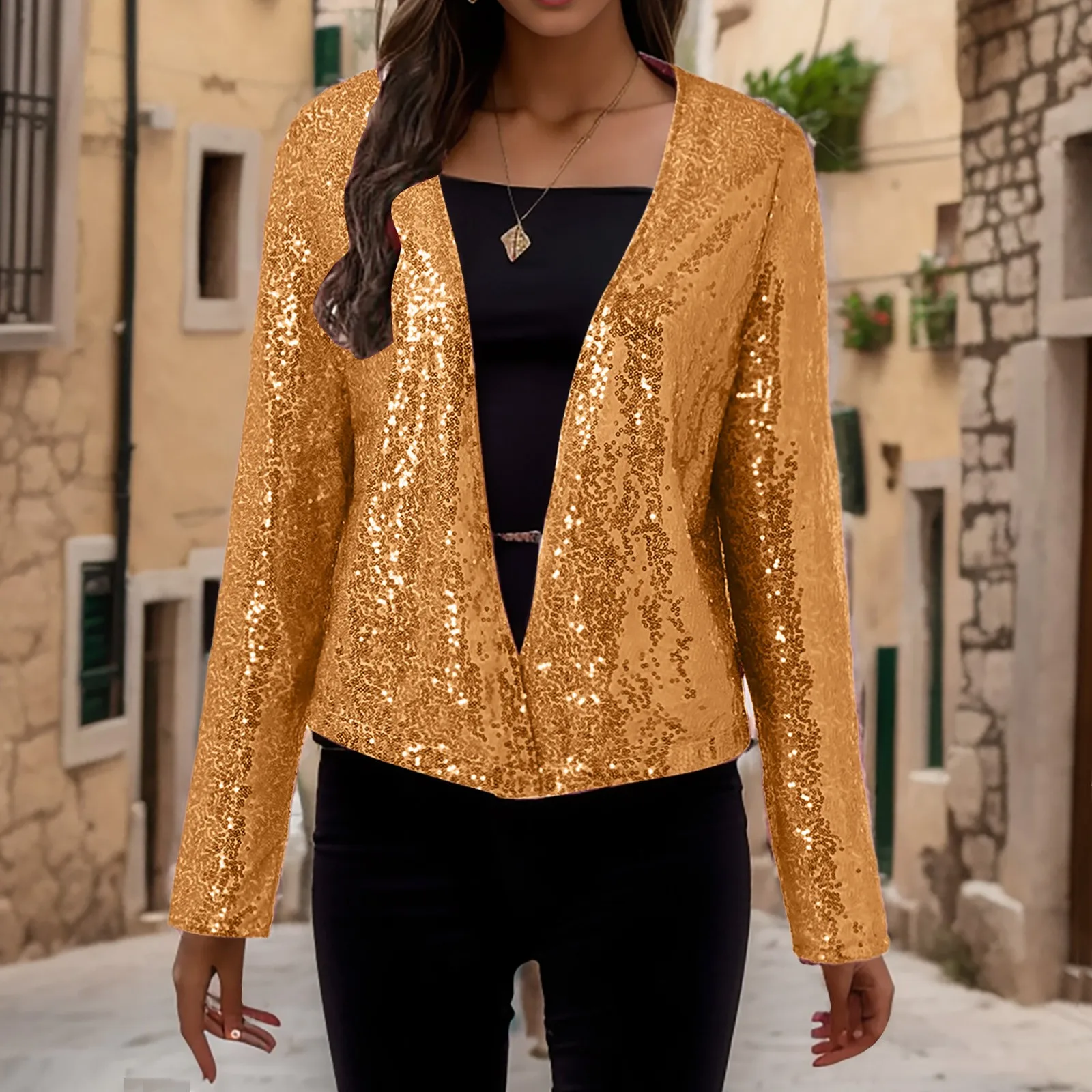 Женская мода с v-образным вырезом и стойкой куртка блестками короткий кардиган