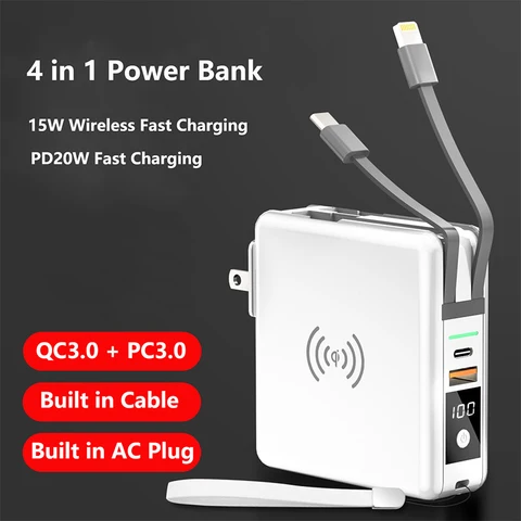 Беспроводной внешний аккумулятор 4 в 1, 10000 мАч, с кабелем, вилкой переменного тока, настенное зарядное устройство PD, 20 Вт, быстрая зарядка для iPhone 16 Xiaomi Samsung Powerbank