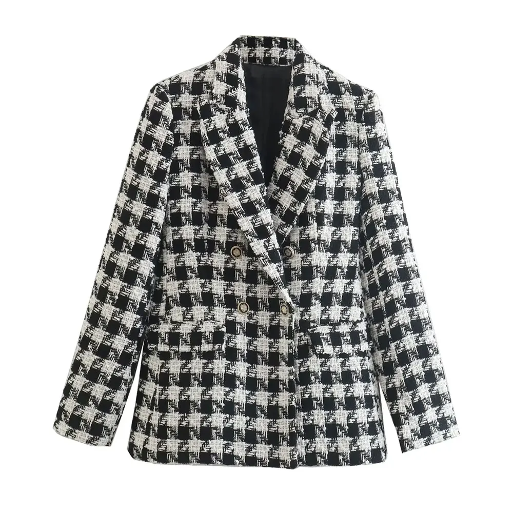 

Женский блейзер, зимняя одежда, Элегантный Модный твидовый блейзер в клетку с узором «гусиные лапки», пальто, 2022, Официальные Женские блейзе...