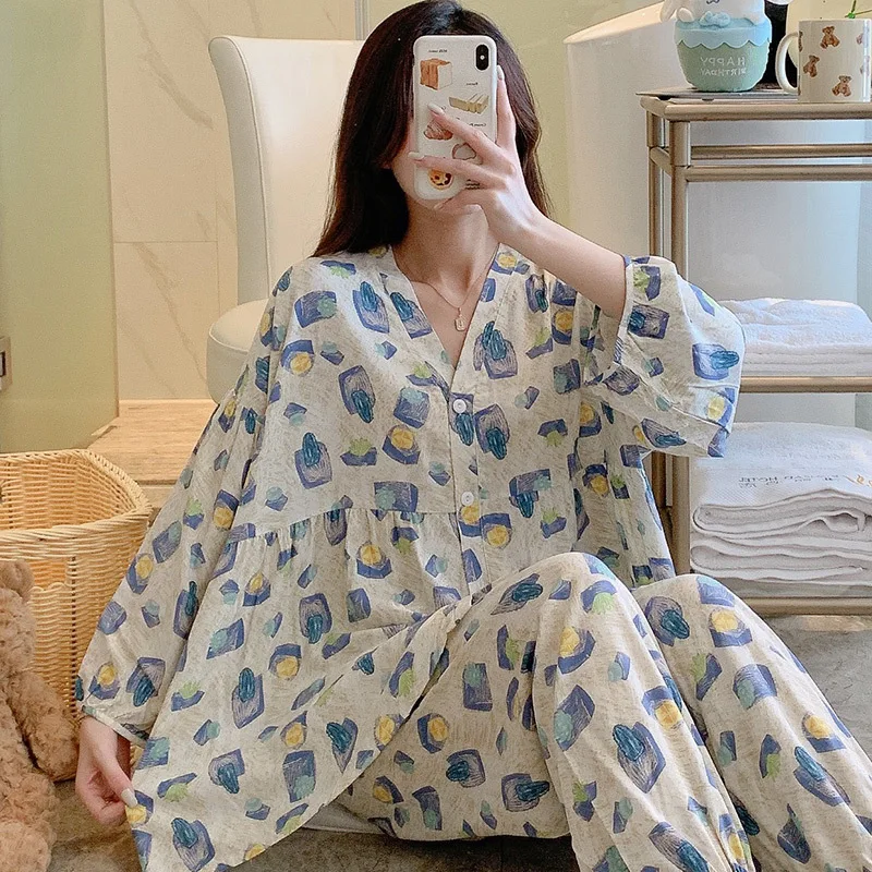 Summer Spring Japanese Sleepwear Long-sleeved Cotton Silk Pajamas Suit Thin Casual Home Wear Women Girls Large Size Pajama Sets