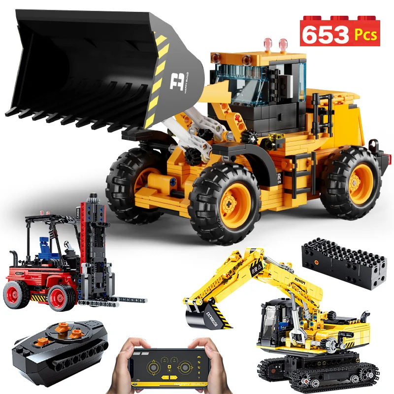 

City RC Excavator APP строительные блоки бульдозер кран Дистанционное управление вилочный погрузчик автомобиль кирпичи для тележки игрушки для дет...