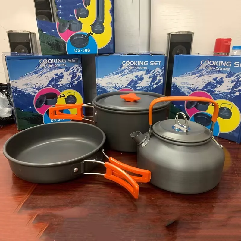 Портативный Кемпинговый Cookset Алюминиевый Уличный Набор Посуды С Сковородой