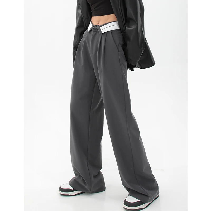 

Брюки женские винтажные с широкими штанинами, модные прямые штаны с завышенной талией, повседневные мешковатые брюки, серого цвета, на лето