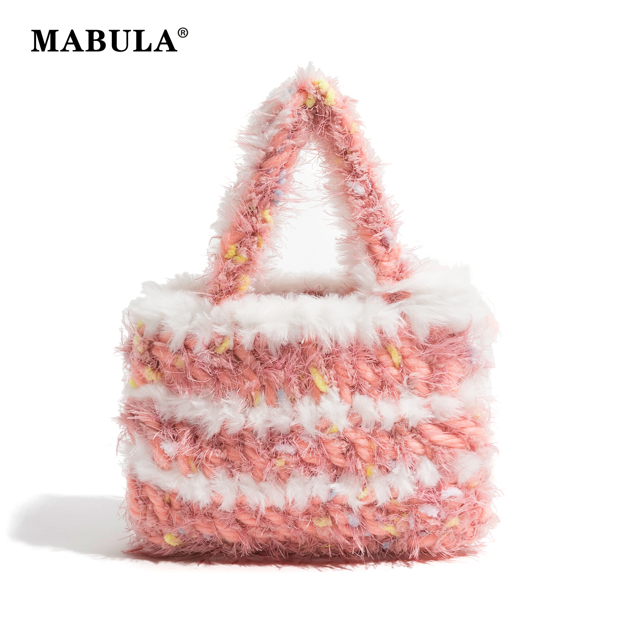 

MABULA Plush Fluffy Pink White Ladies Winter Tote Bag Cute Mini Crochet Handmade Handbag 2023 Fashion Knitted Women Clutch Purse