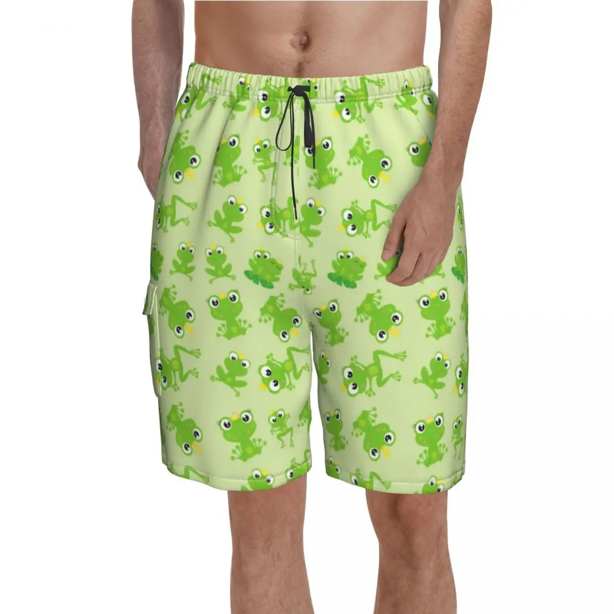 

Frog Prince Pattern Board Shorts Kawaii Green Cartoon Frogs Beach Short Pants Elastic Waist Funny Print Swim Trunks