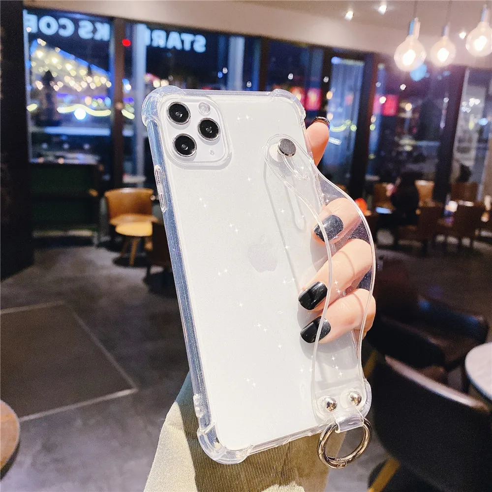 

Противоударный чехол с подушкой безопасности для iPhone 12 Mini 11 Pro Max XS XR X 6S 7 8 Plus SE 2020, прозрачный мягкий блестящий чехол-накладка с ремешком на за...