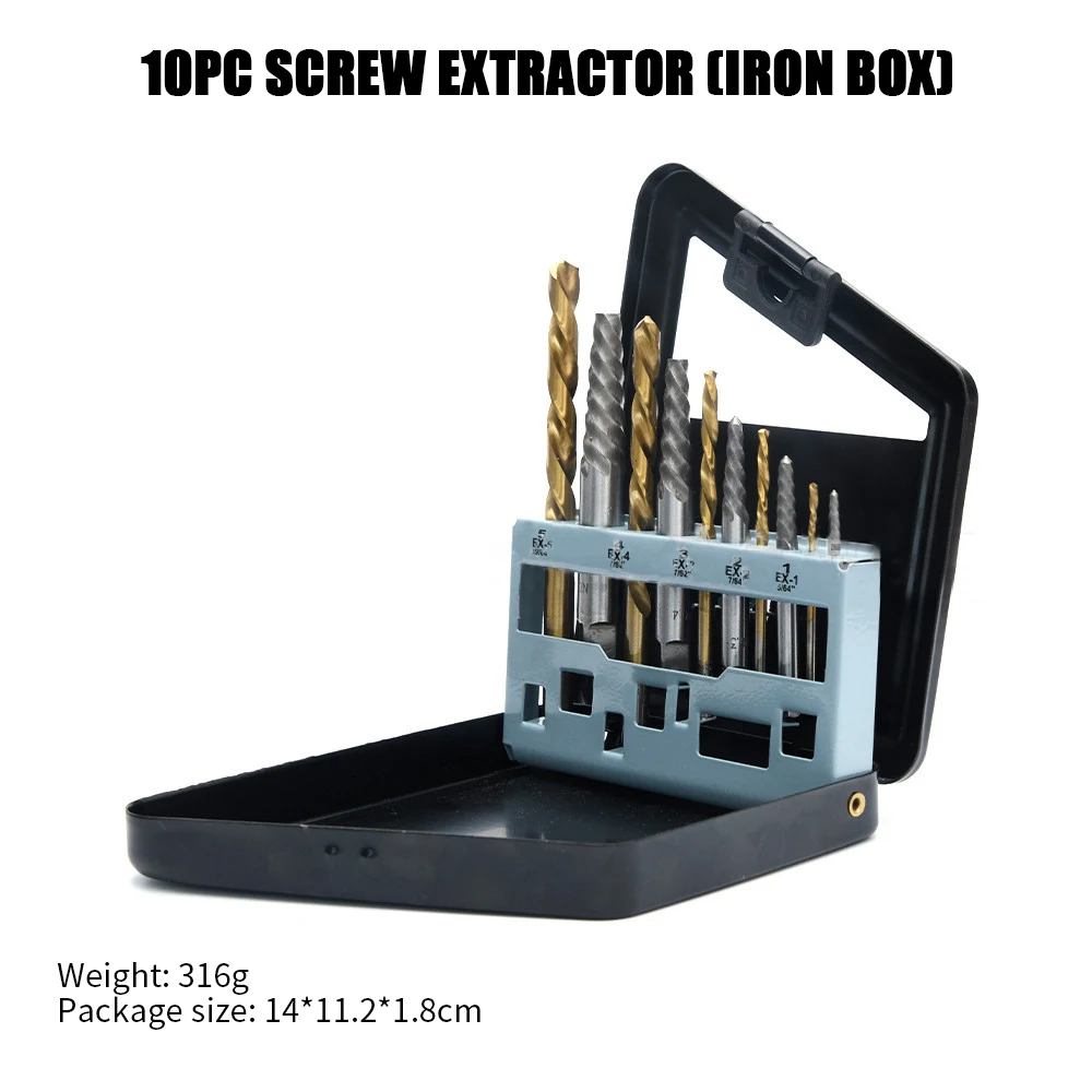

10pcs Left Hand Drill Bits Straight Shank Way HSS Twist Drilling Tool Damaged Screw Extractor Set with Metal Case