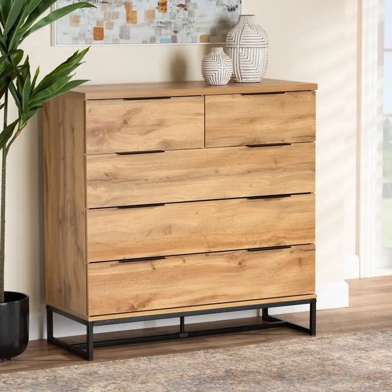 

and Contemporary Oak Finished Wood and Black Finished Metal 5-Drawer Bedroom Chest