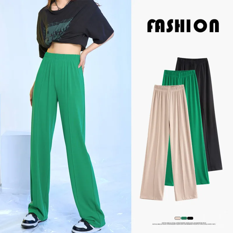 Korean Fashion Trend Ice Silk Wide Leg Trousers Women'S Summer Thin New High Waist Hanging Loose Straight Sports Casual Pants