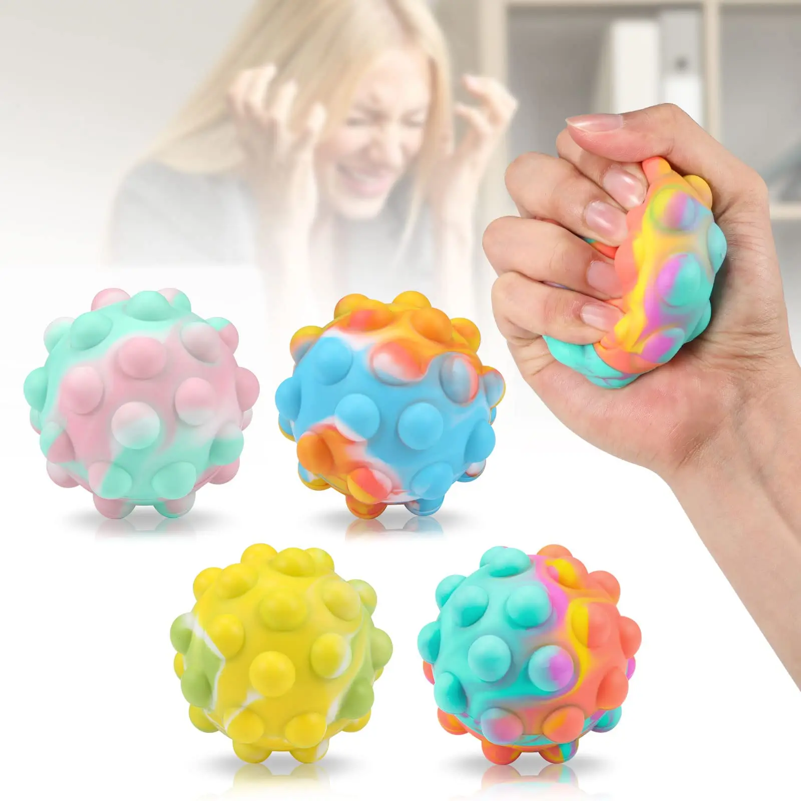4 Pack Stress Ball, Pop Ball, Fidget Balls 3D Ball Stress Relief Fidget Toys,Sensory Toys Squeeze Ball Push Bubbles Sensory Ball enlarge