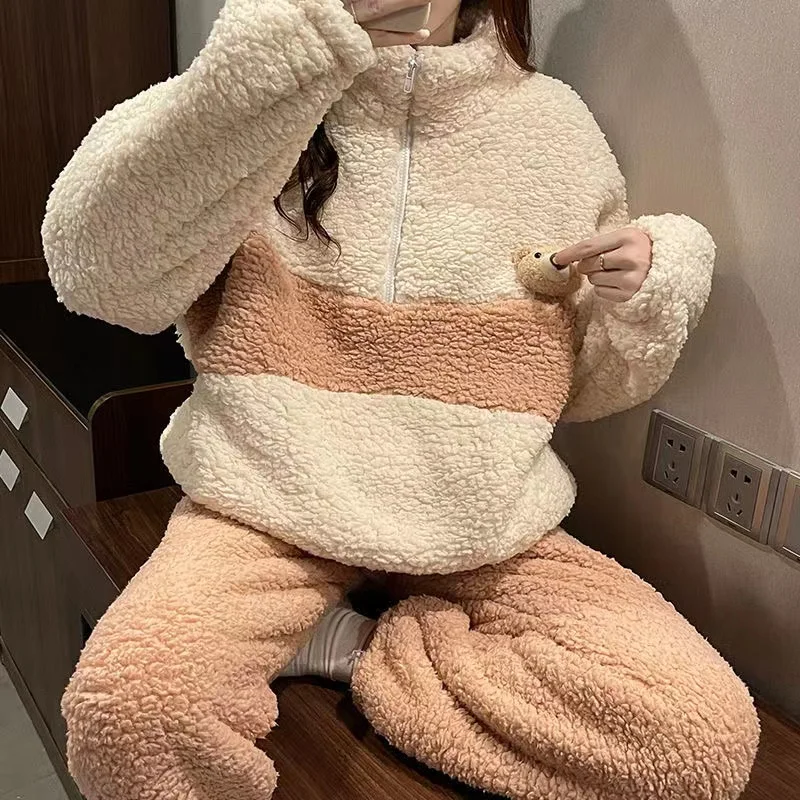 2022 New Pajamas Set For Women Thicken Warm Flannel Pyjamas Suit Coral Fleece Sweet Cute Flannel Winter Homewear Home Clothes