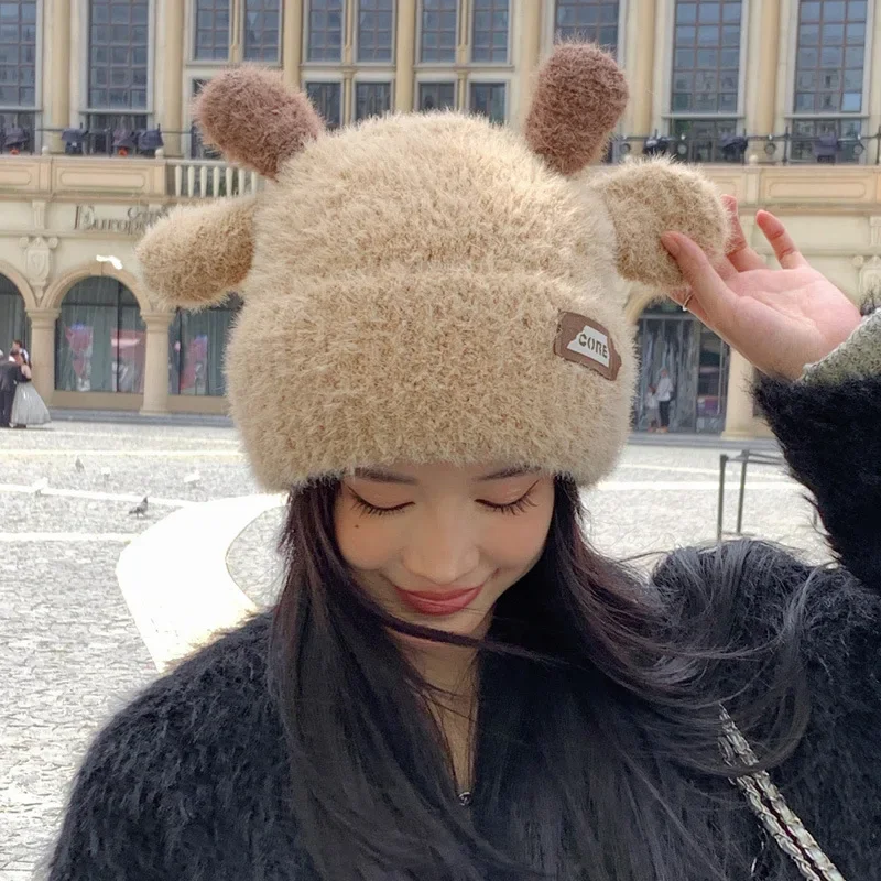 Милая плюшевая шапка с рогами оленя осенне-зимняя утолщенная теплая флисовой
