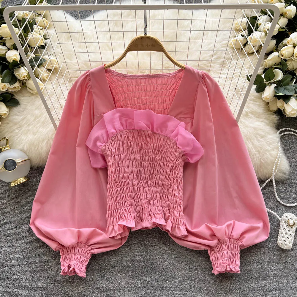 

Women New Fashion Pleated Waist Vintage Long Sleeve Square Neck Shirt Feminine Solid Color Top Blusas Para Mujer Blouse E373