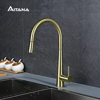 Kitchen design faucet modern North American sink cold and hot brass faucet pull type rotary Brushed gold faucet