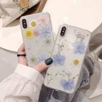 fashion glitter real dry pressed flower phone case for iphone 12 11 13 pro xs max x se xr 7 8 plus transparent silicone cover