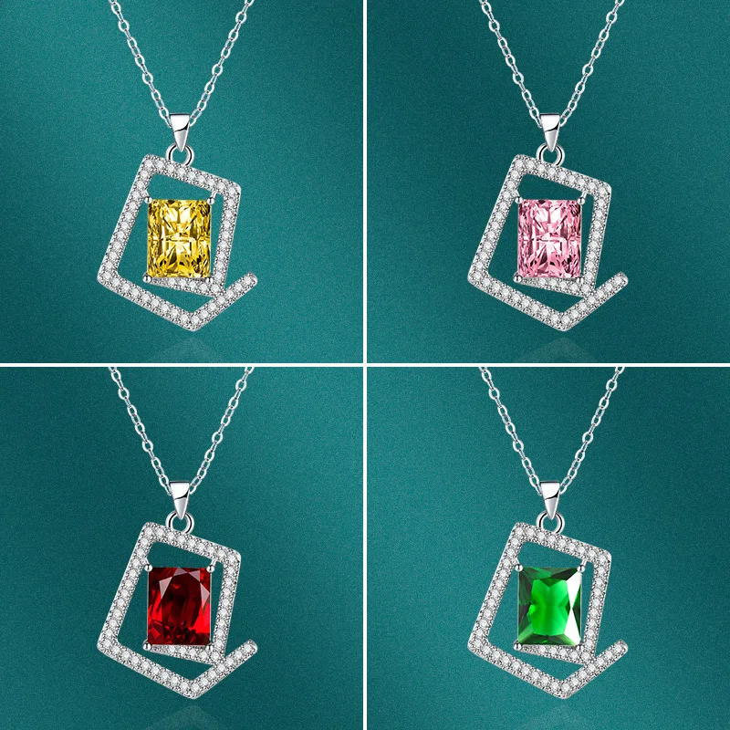 New Fashion cz Zircon Geometric Square Pendant Emerald Diamond Luxury Necklace Accessories High Quality Jewelry New Year Gift