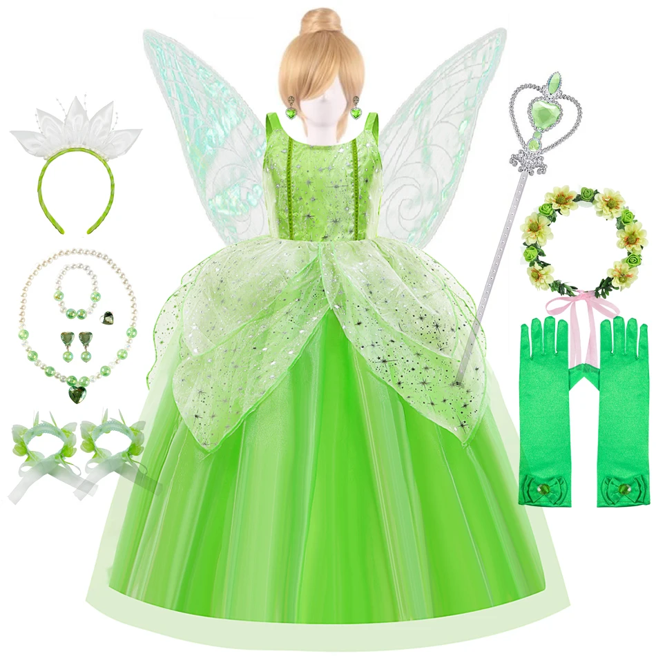 

Halloween Tinkerbell Costume for Girls Flower Fairy Princess Cosplay Outfits Kids Green Gown Children Birthday Tiana Dress