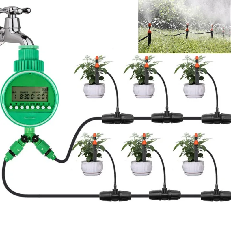 

40m 8/11mm Microtube 2-Ways Hose Splitter Automatic Watering Kits With Timer Garden Plants Spray Drip Integrated Irrigation