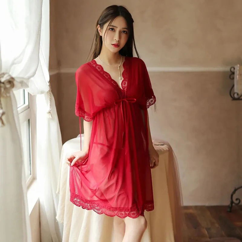 Pajamas Women'S Summer Sexy Lingerie Lace Plus Size Loose And Thin Deep V Suspenders Short Sleeves Two-Wear Homewear Nightdress