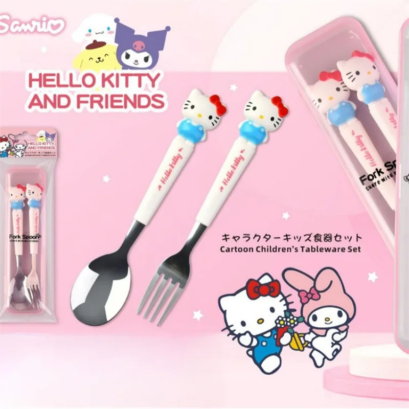 

Набор ложки и вилки Sanrio Cinnamoroll Kuromi Hello Kitty, мультяшная фигурка, портативная посуда из нержавеющей стали, милая детская посуда