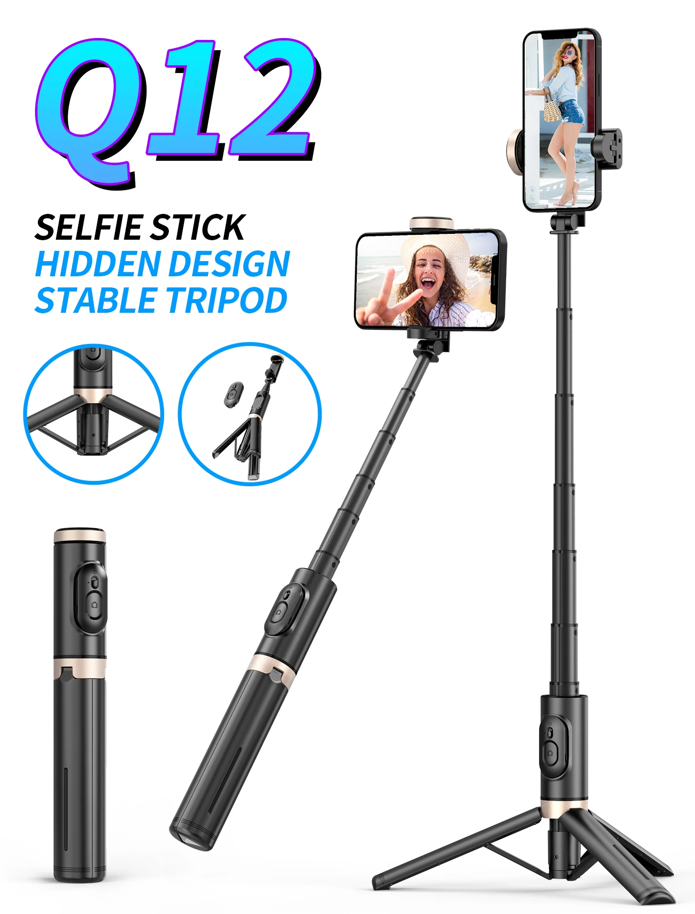

Q12 Bluetooth Wireless Tripod Selfie Stick Hidden Design Reinforced Aluminium Alloy Adjusted Selfie Rod with Phone Holder