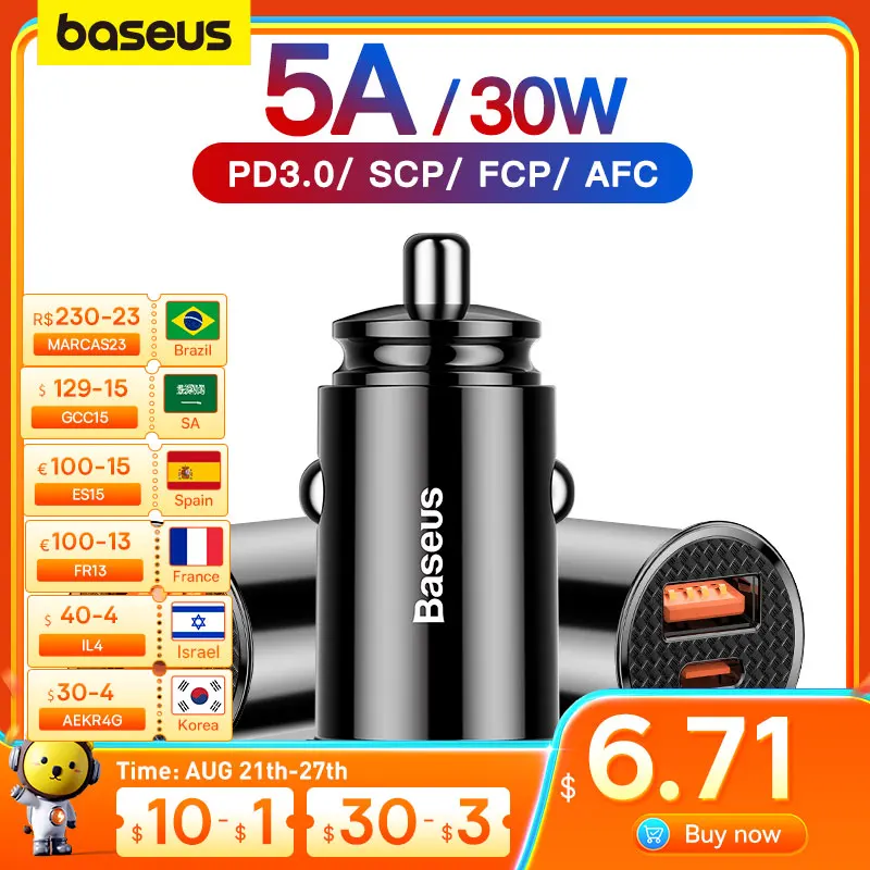 

Baseus 30W Car Charger QC 4.0 QC 3.0 For Xiaomi Huawei Supercharge SCP Samsung AFC PD Fast Charging For IP USB C Phone Charger